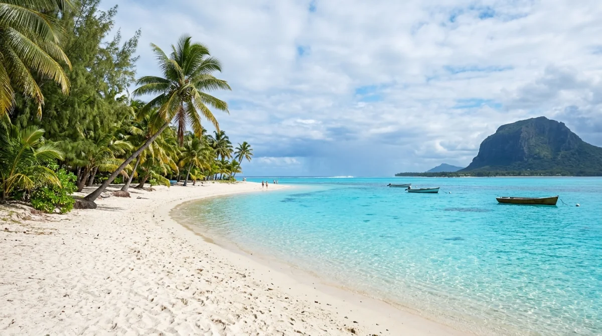 Plage paradisiaque de sable blanc et lagon turquoise &agrave; l'&icirc;le Maurice, id&eacute;ale pour vos vacances en ao&ucirc;t.
