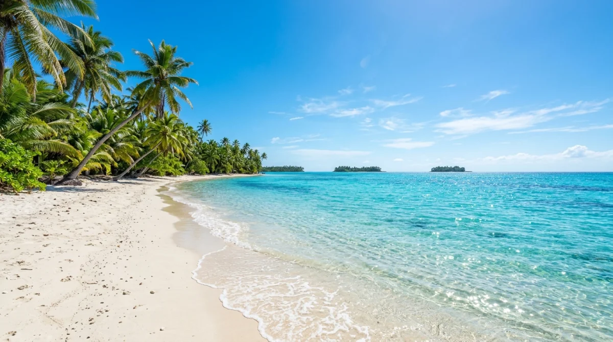 Plage paradisiaque au sable blanc et eaux turquoise en Tha&iuml;lande en ao&ucirc;t sous un ciel bleu &eacute;clatant.
