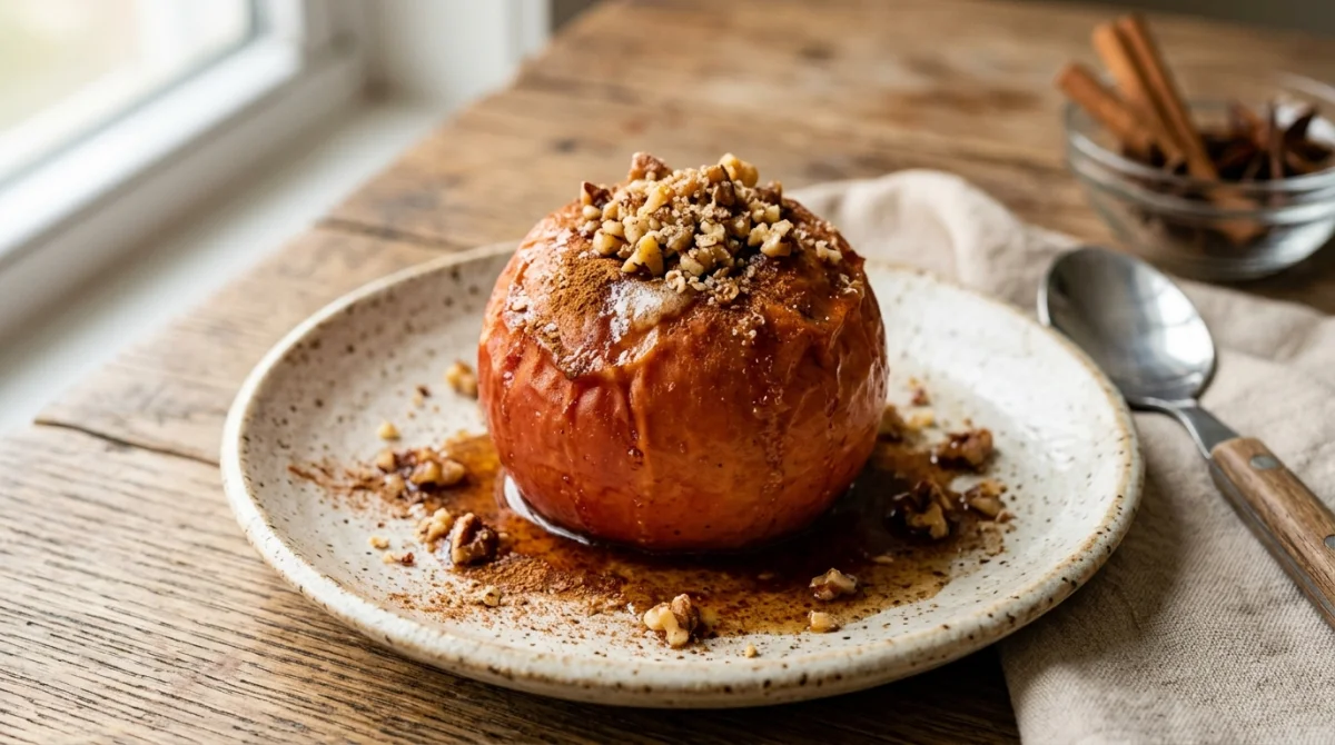 Pomme au four sans sucre dor&eacute;e et fondante, garnie de cannelle et de noix sur une assiette rustique.