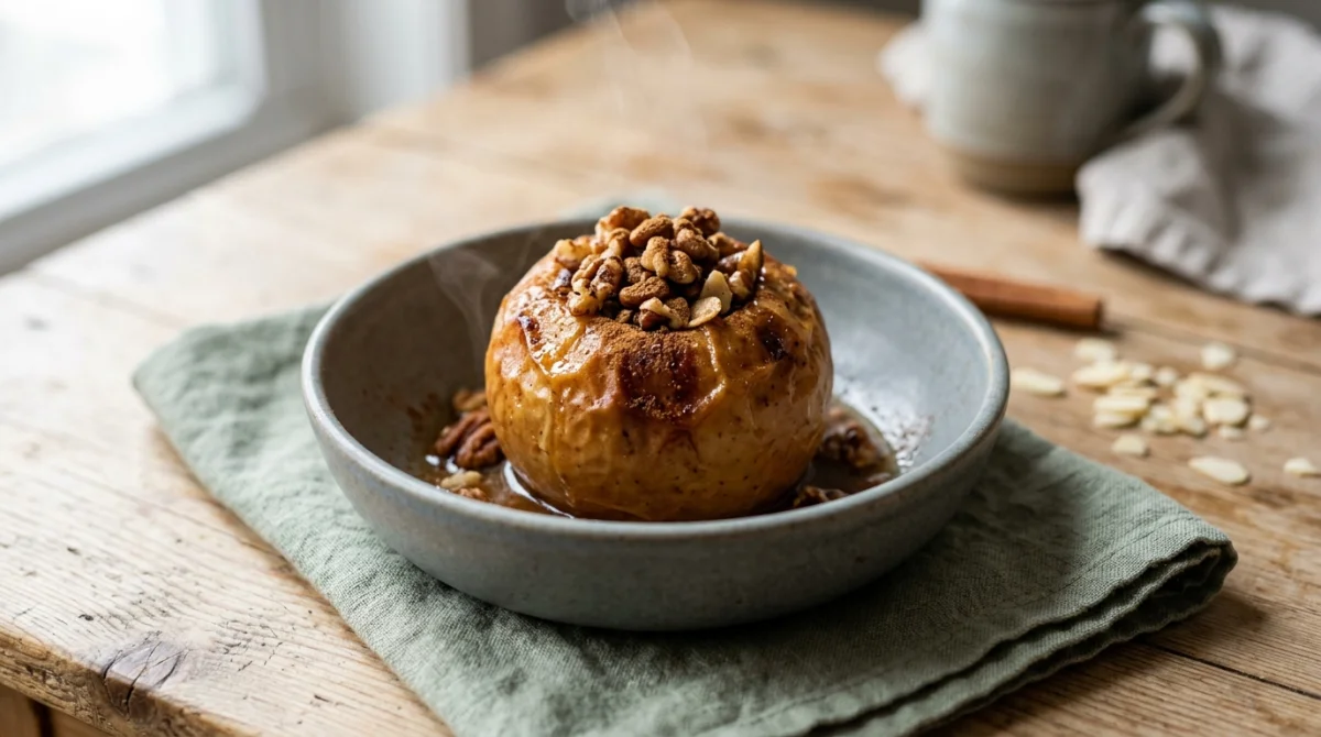 Pomme au four sans sucre dor&eacute;e, garnie de noix et de cannelle sur une table en bois rustique.
