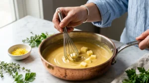 Main incorporant du beurre froid au fouet dans une casserole en cuivre pour préparer une sauce onctueuse.