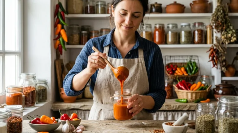 Cuisinier versant une sauce piquante artisanale faite maison dans un bocal en verre dans une cuisine rustique.