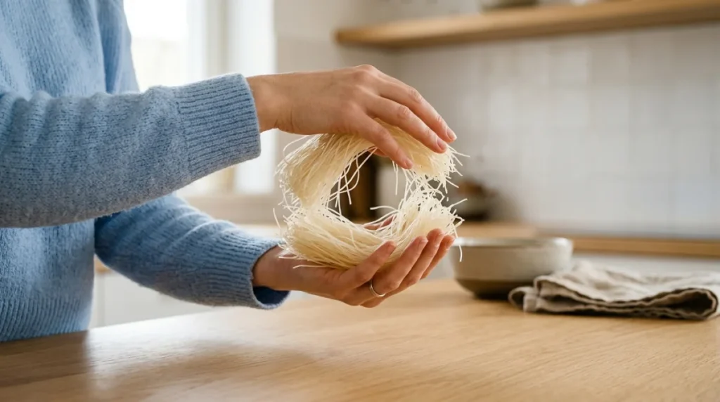 Mains mesurant la quantité idéale de vermicelles secs pour une portion par personne dans une cuisine moderne.