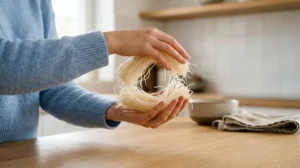 Mains mesurant la quantité idéale de vermicelles secs pour une portion par personne dans une cuisine moderne.