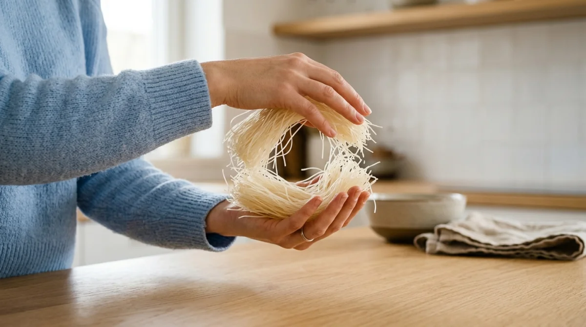 Mains mesurant la quantit&eacute; id&eacute;ale de vermicelles secs pour une portion par personne dans une cuisine moderne.