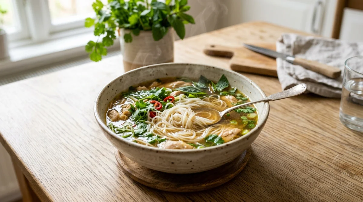 Bol de soupe fumante aux vermicelles et herbes fra&icirc;ches pour illustrer la quantit&eacute; de vermicelle par personne.
