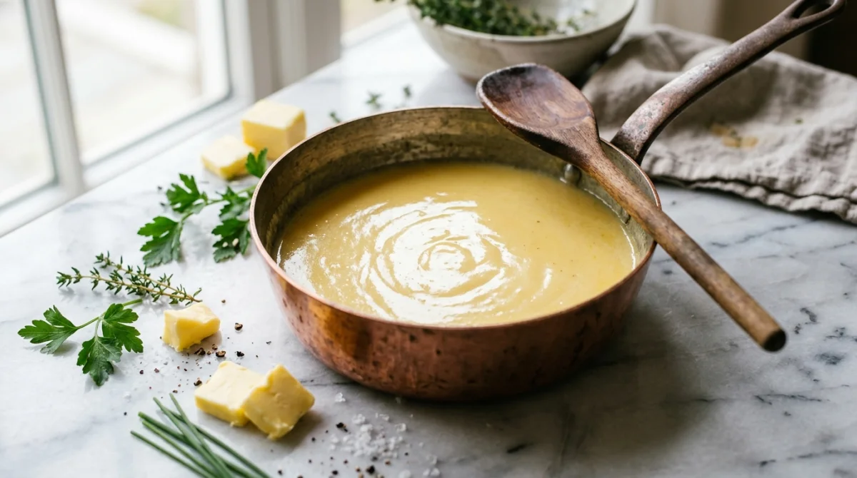 Casserole en cuivre contenant une sauce au beurre onctueuse et brillante pour apprendre comment faire une sauce au beurre.