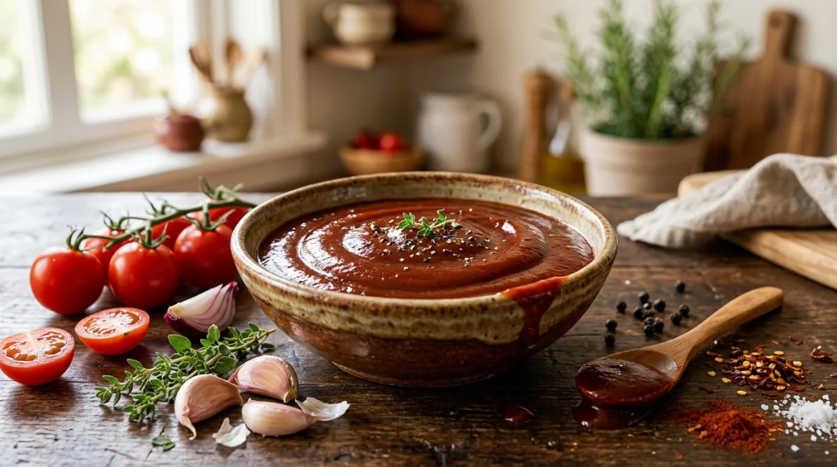 Bol de sauce barbecue maison onctueuse entouré d'ingrédients frais sur une table en bois pour illustrer la recette.