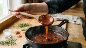 Cuillère en bois soulevant une sauce barbecue onctueuse au-dessus d'une casserole pour illustrer comment faire une sauce barbecue maison.