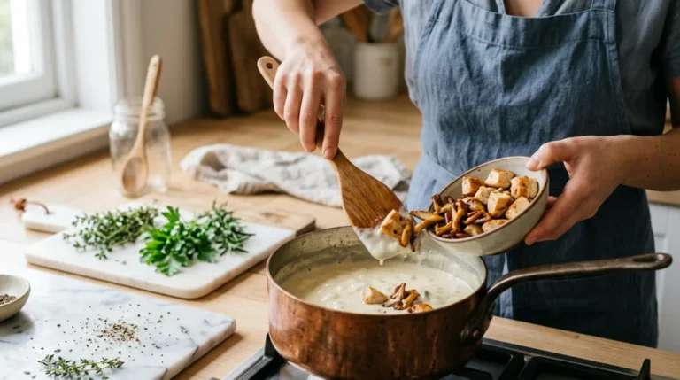 Cuisinière ajoutant du poulet et des champignons dans une sauce blanche onctueuse pour réussir son vol au-vent.