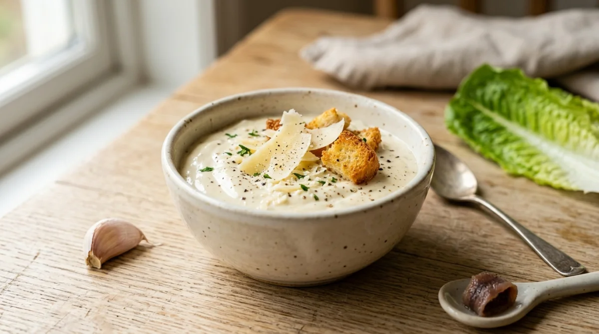 Bol de sauce César onctueuse avec parmesan et croûtons, idéal pour apprendre comment faire la sauce César maison.