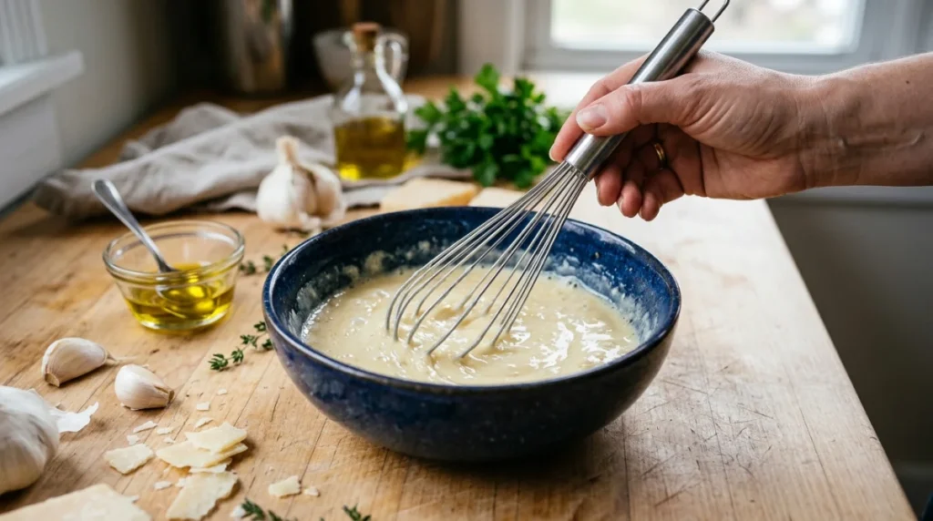 Main tenant un fouet pour émulsionner une sauce César crémeuse dans un bol bleu sur un plan de travail.