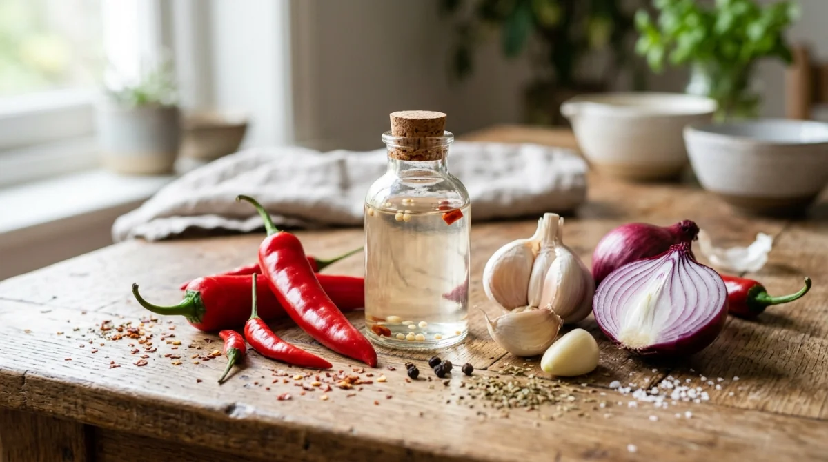 Ingrédients frais comme piments, ail et vinaigre sur une table en bois pour apprendre comment faire une sauce piquante.