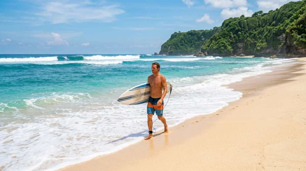 Surfeur marchant sur une plage tropicale de Bali avec des falaises verdoyantes sous le soleil d'août.