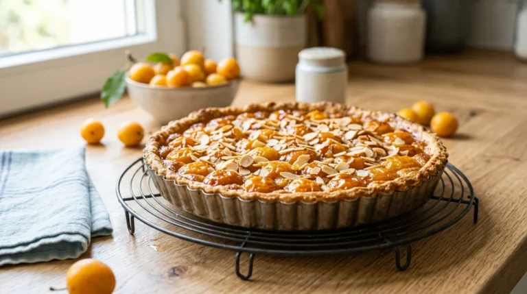 Tarte aux mirabelles dorée sortie du four sur un plan de travail pour illustrer la décongélation des fruits.