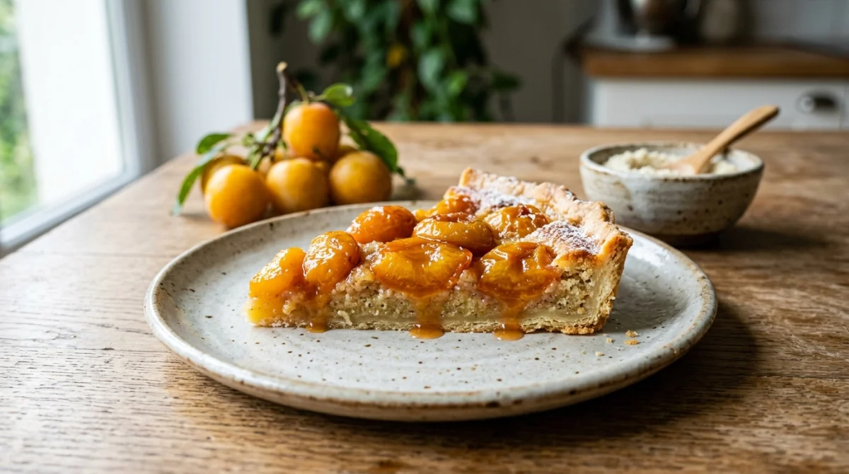Une part de tarte aux mirabelles dorées sur une assiette, idéale pour savoir s'il faut décongeler les mirabelles.