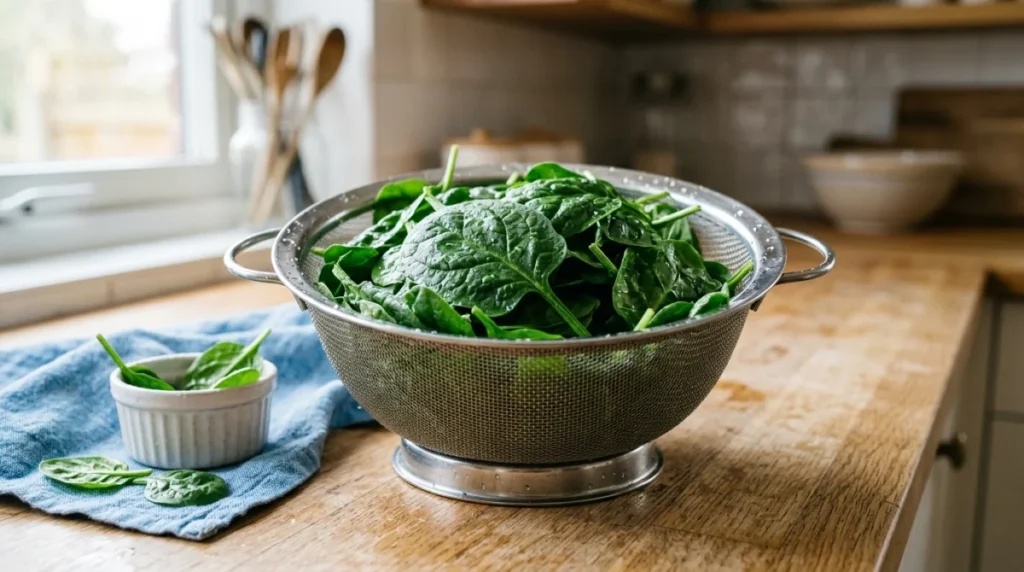 Passoire en inox remplie d'épinards frais et brillants après le temps de cuisson à l'eau dans une cuisine.