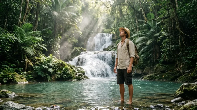 Voyageur solitaire admirant une cascade majestueuse dans la jungle luxuriante lors d'un séjour en Thaïlande en août.