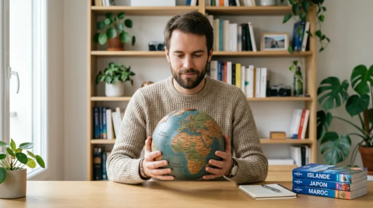 Voyageur tenant un globe terrestre dans un bureau lumineux pour illustrer une recherche de pays en o.