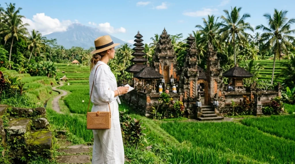 Voyageuse admirant un temple balinais traditionnel au milieu des rizières verdoyantes lors d'un séjour à Bali en août.