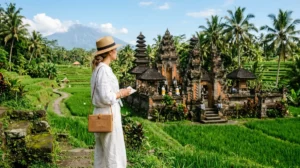Voyageuse admirant un temple balinais traditionnel au milieu des rizières verdoyantes lors d'un séjour à Bali en août.