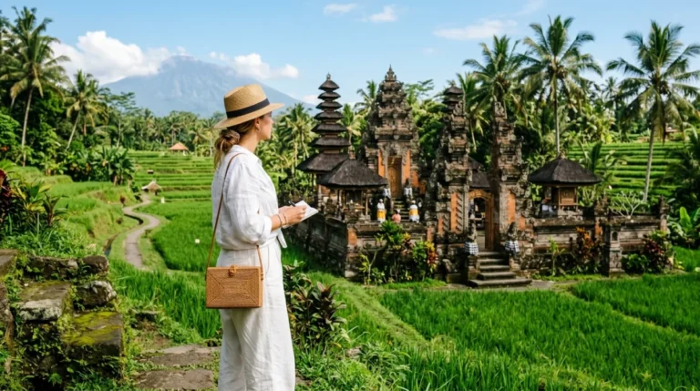 Voyageuse admirant un temple balinais traditionnel au milieu des rizières verdoyantes lors d'un séjour à Bali en août.