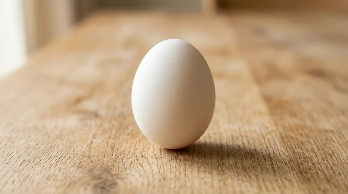 Un &oelig;uf de poule frais et parfait pos&eacute; sur une surface en bois clair, illustrant la qualit&eacute; cat&eacute;gorie A.