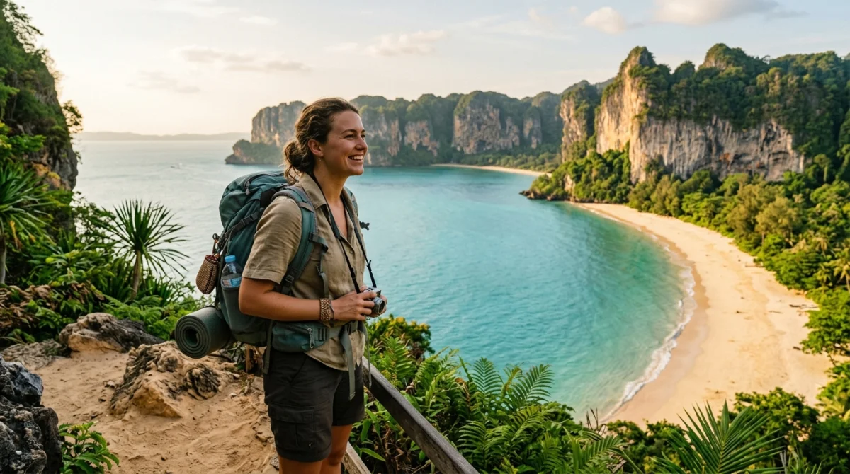 Voyageur avec sac &agrave; dos admirant une plage tropicale turquoise, id&eacute;ale pour une destination pas cher en ao&ucirc;t.