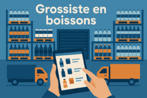 Illustration d’un grossiste en boissons avec entrepôt et camions de livraison