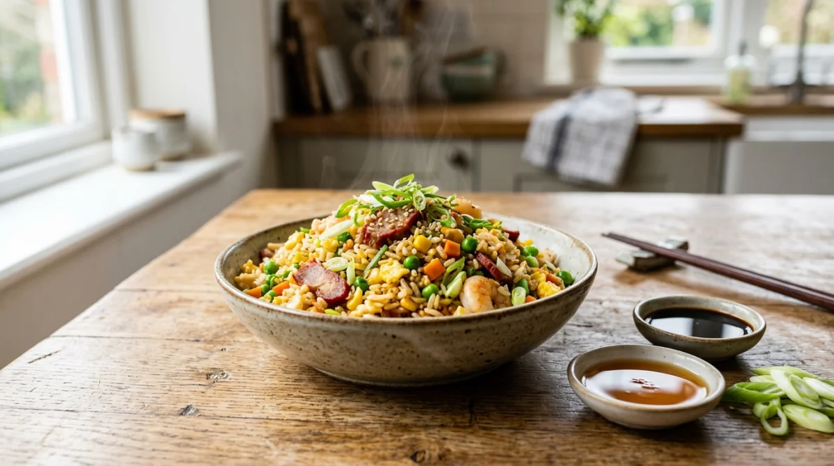 Bol de riz cantonais fumant accompagné de sauce soja claire et foncée sur une table en bois rustique.