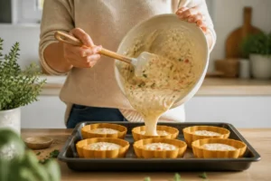 Mains versant une pâte à cake salé sans œuf aux légumes dans des moules individuels en cuisine moderne.