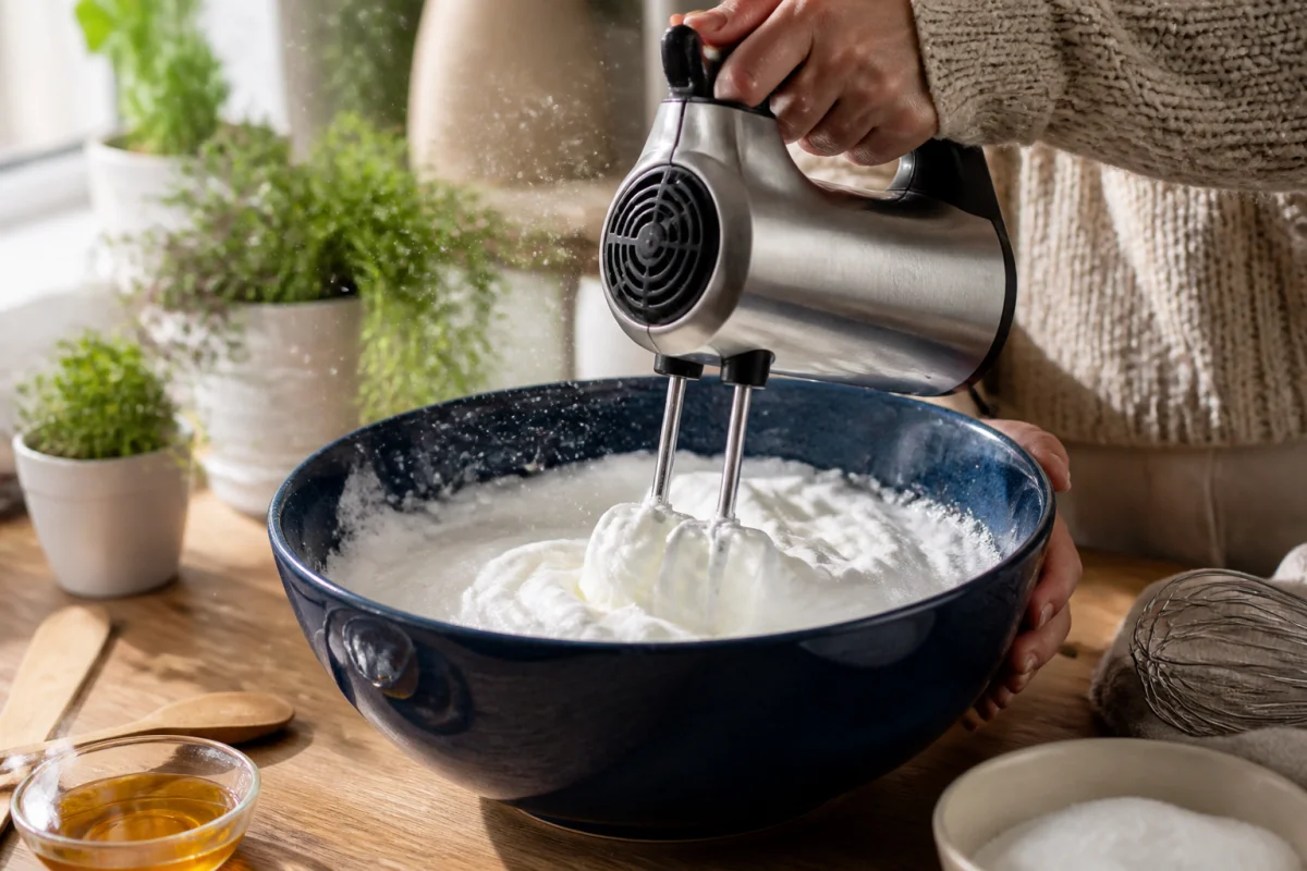 Mains utilisant un batteur électrique pour préparer une mousse au chocolat vegan onctueuse dans un bol bleu.