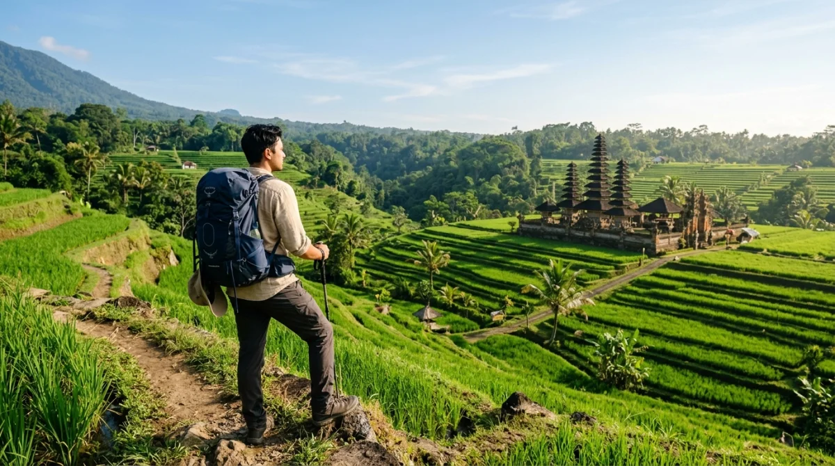 Randonneur admirant une rizi&egrave;re en terrasse et un temple traditionnel lors d'un voyage &agrave; Bali en septembre.