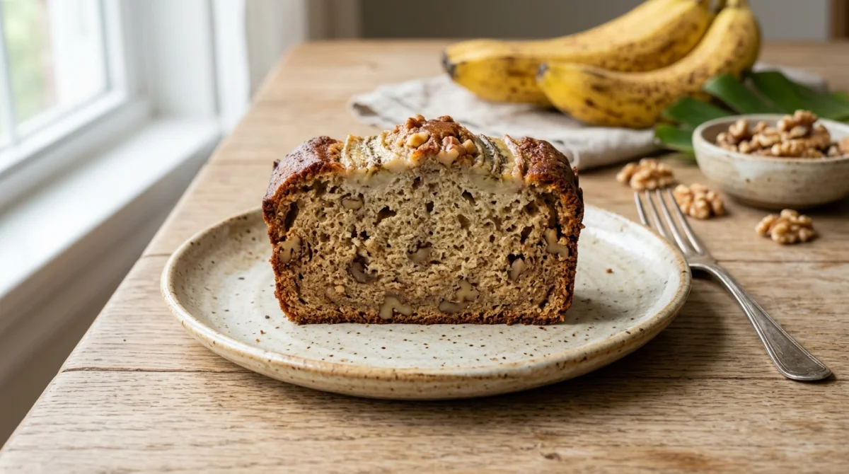 Tranche &eacute;paisse et moelleuse de banana bread maison aux noix, id&eacute;ale pour une recette sans sucre gourmande.