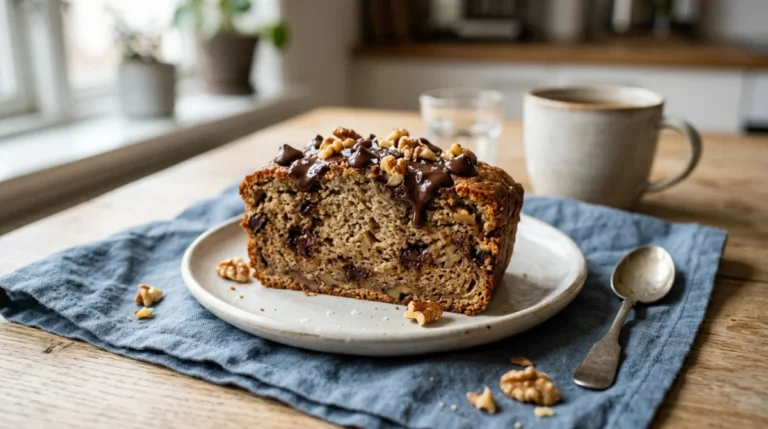 Tranche de banana bread maison aux pépites de chocolat et noix, idéale pour une recette sans sucre.