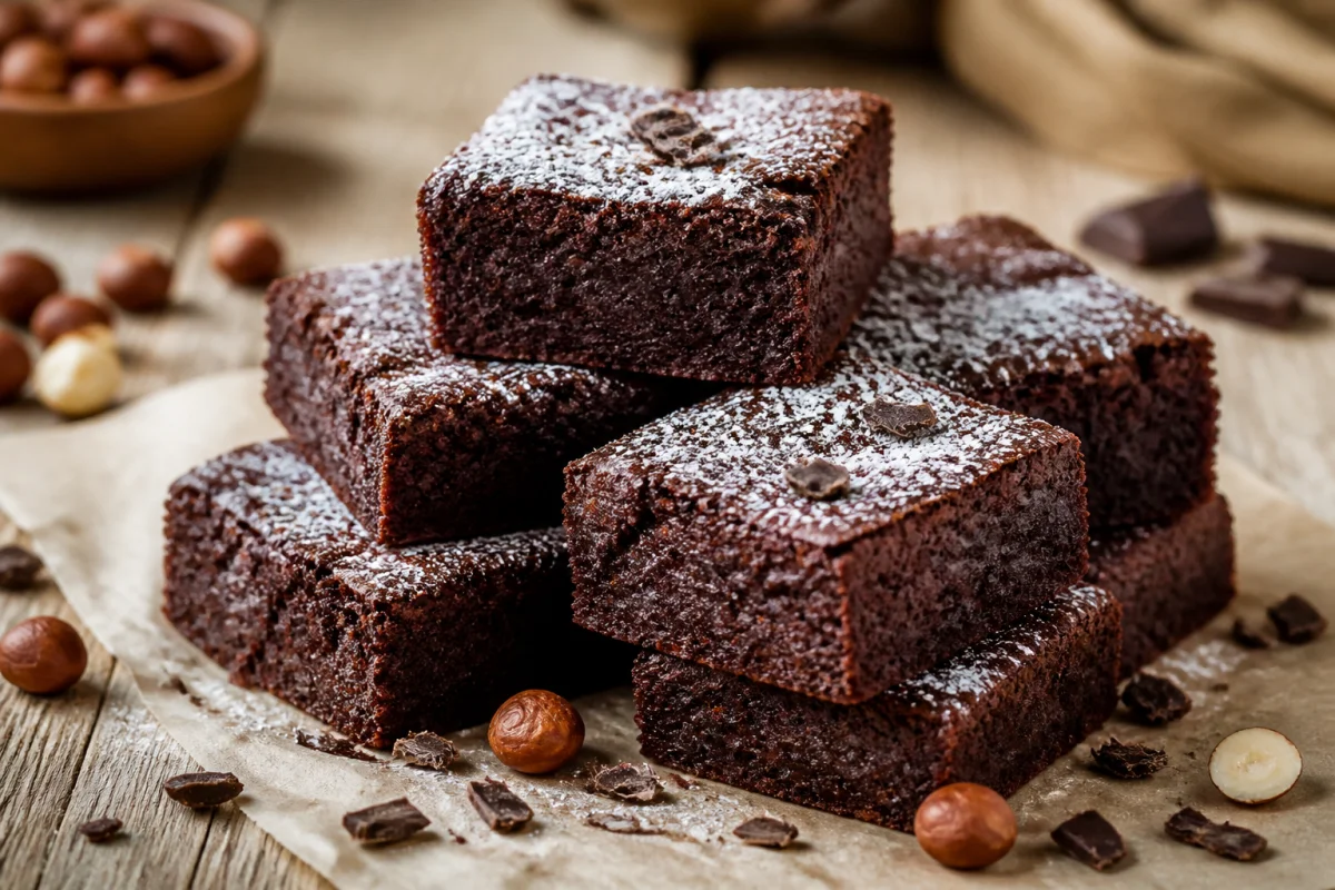 Pile de carrés de brownie au chocolat fondant saupoudrés de sucre glace pour cette recette brownie sans gluten gourmande.