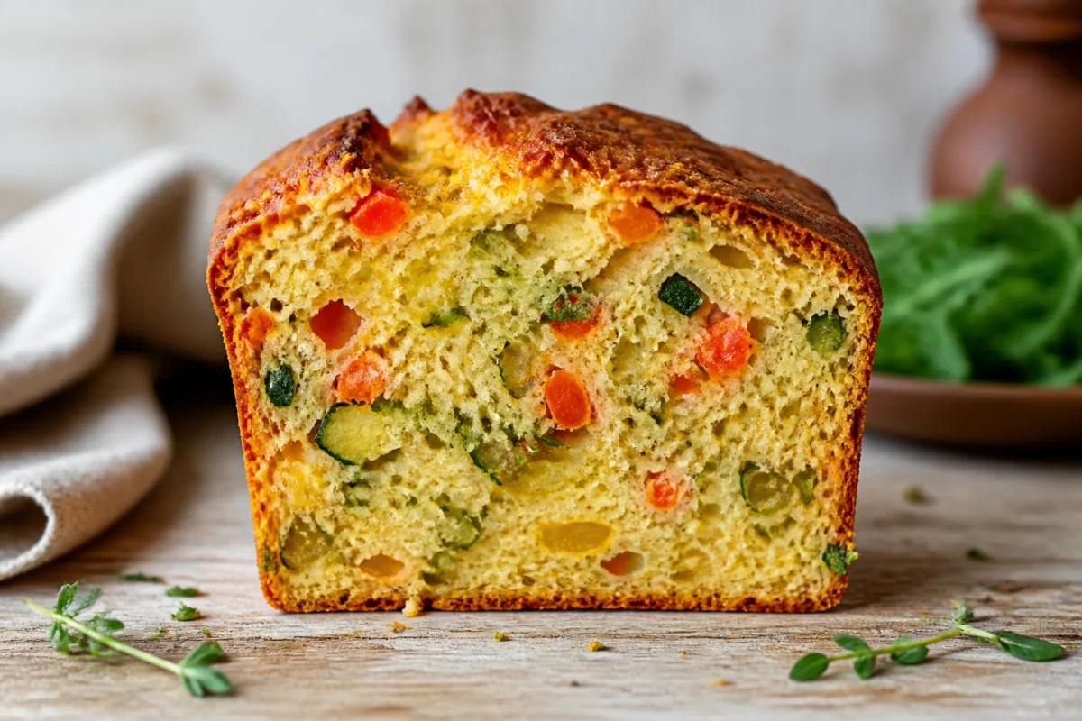 Tranche épaisse de cake salé aux légumes, moelleux et aéré, pour une recette de cake salé sans œuf.