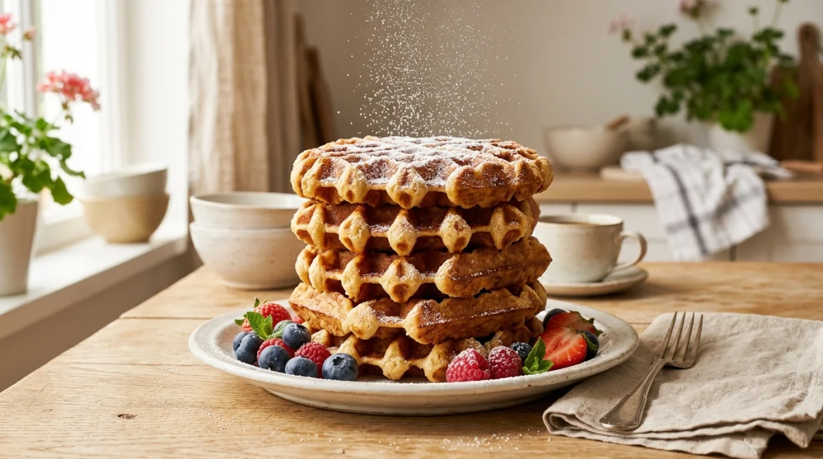Pile de gaufres dor&eacute;es sans gluten saupoudr&eacute;es de sucre glace, accompagn&eacute;es de baies fra&icirc;ches sur une table en bois.