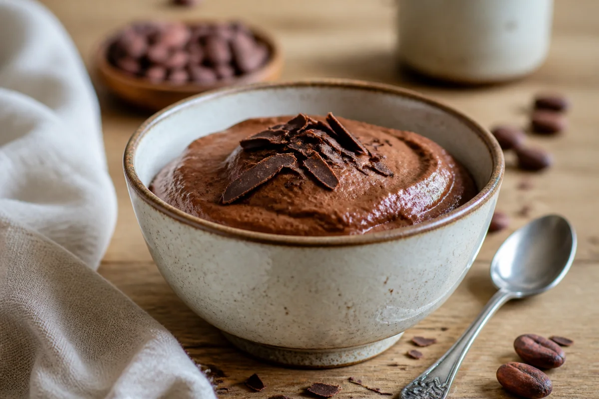 Bol de recette mousse au chocolat sans sucre onctueuse, décoré de copeaux sur une table en bois clair.