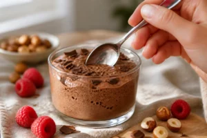 Une main tenant une cuillère plongeant dans une verrine de mousse au chocolat sans sucre, garnie de framboises fraîches.
