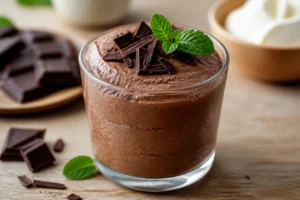 Verrine de mousse au chocolat vegan onctueuse décorée de copeaux de chocolat et d'une feuille de menthe fraîche.