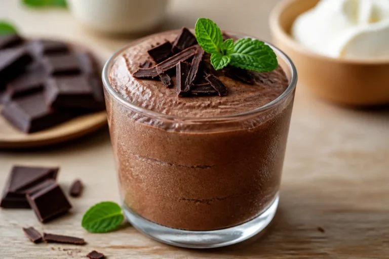 Verrine de mousse au chocolat vegan onctueuse décorée de copeaux de chocolat et d'une feuille de menthe fraîche.