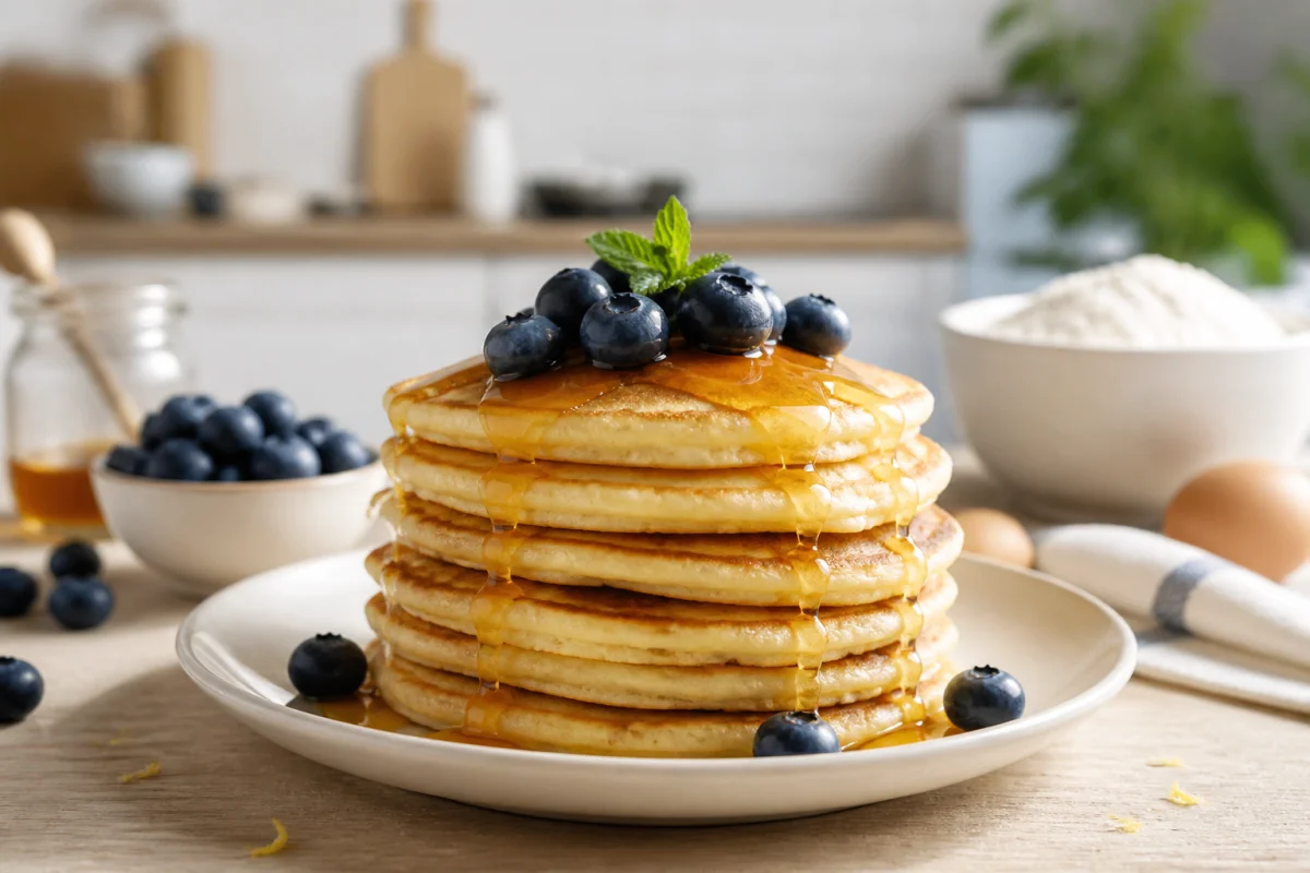Pile de pancakes dorés et moelleux nappés de sirop d'érable et de myrtilles, recette pancakes sans œuf gourmande.