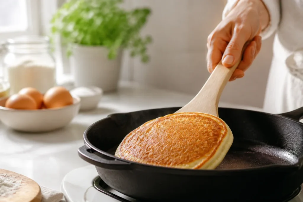 Main retournant un pancake doré et moelleux dans une poêle, illustrant cette recette de pancakes sans œuf maison.