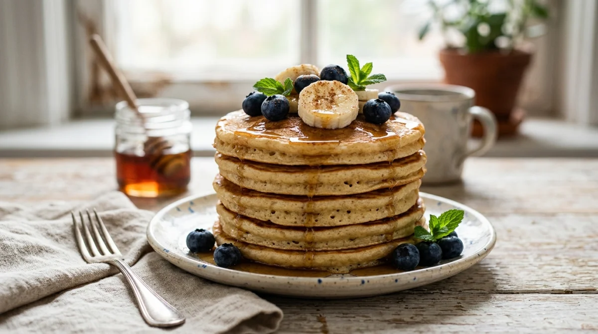 Pile de pancakes vegan moelleux nappés de sirop d'érable, agrémentés de myrtilles fraîches et de bananes sur table rustique.