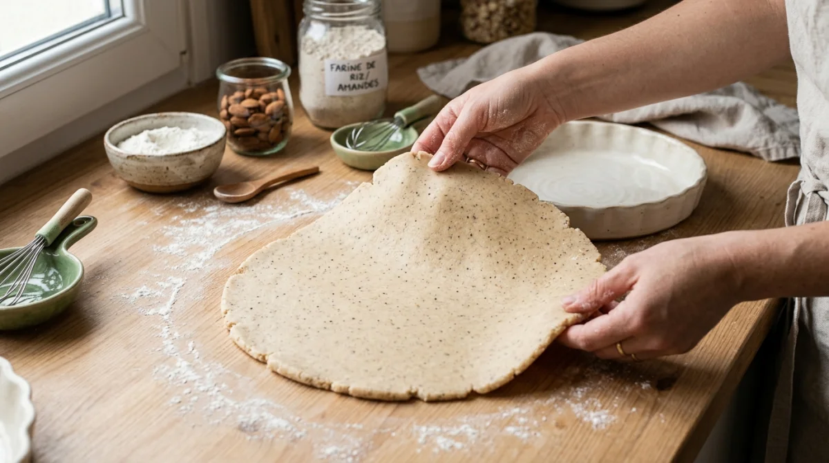 P&acirc;te &agrave; tarte sans gluten &eacute;tal&eacute;e sur un plan de travail farin&eacute;, pr&ecirc;te &agrave; &ecirc;tre garnie dans un moule.
