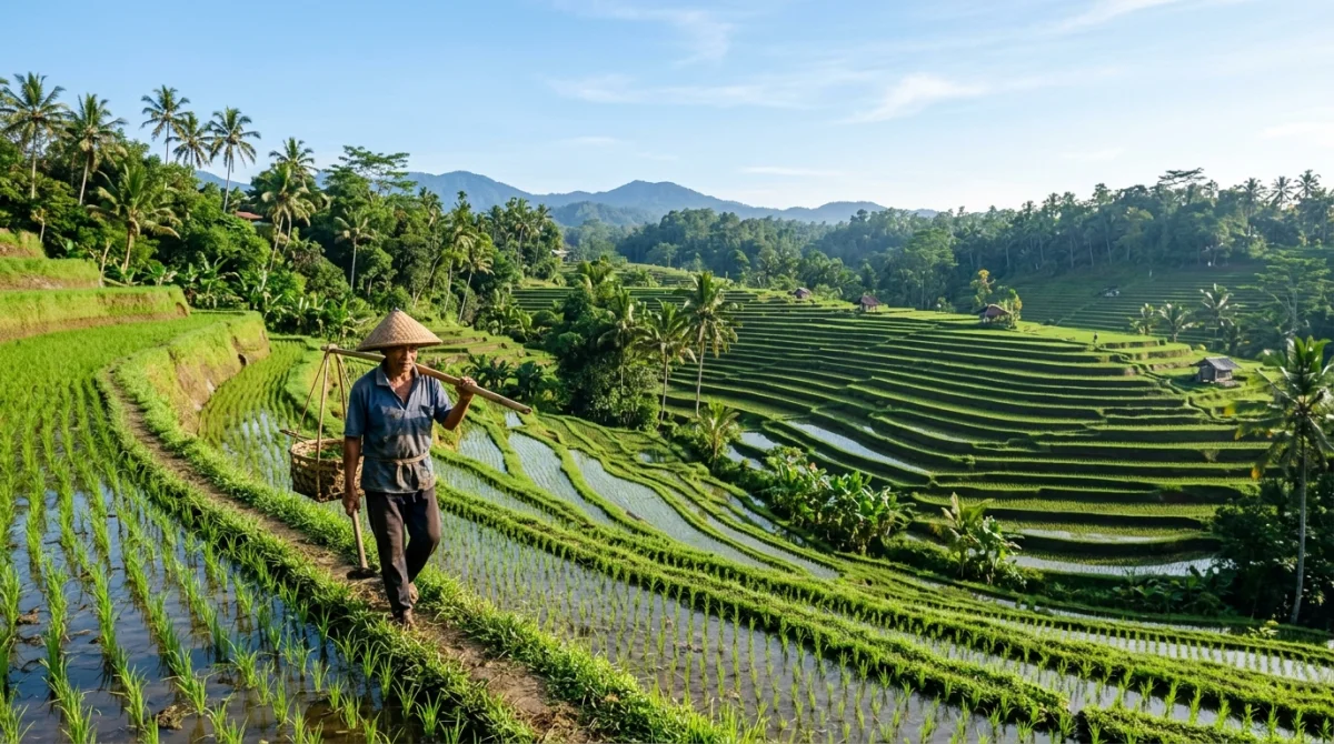 Agriculteur traditionnel travaillant dans les rizi&egrave;res en terrasses verdoyantes d'Ubud lors d'un voyage &agrave; Bali en septembre.