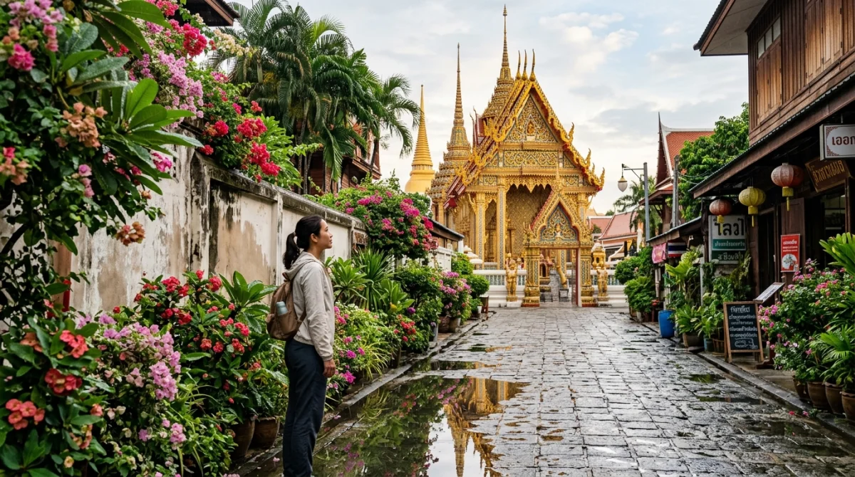 Voyageur admirant un temple thaïlandais traditionnel dans une rue fleurie de Bangkok lors d'un voyage en Thaïlande en septembre.
