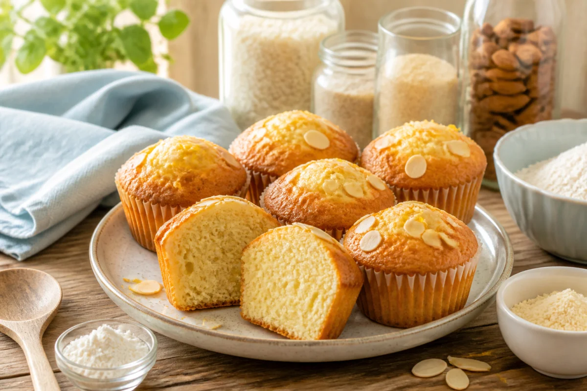 Recette muffins sans gluten moelleux, dorés et décorés d’amandes effilées sur une table de cuisine lumineuse