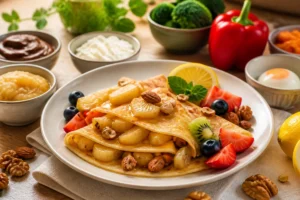 Recette de crêpes sans sucre moelleuses, garnies de pommes au citron, fruits frais, noix et amandes